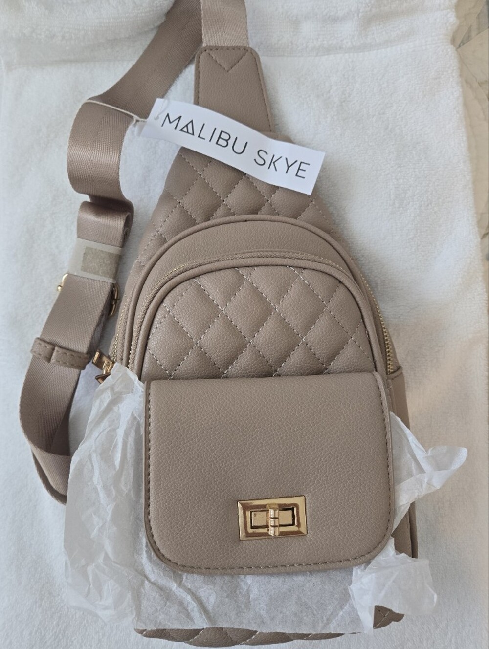 Malibu Skye Quilted Taupe Crossbody Belt Bag with Gold Hardware
